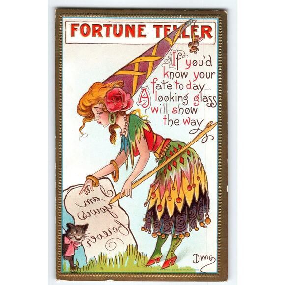Fantasy Postcard Dwig Hold To Mirror I Am Yours Forever Fortune Teller Witch Cat - Picture 1 of 2
